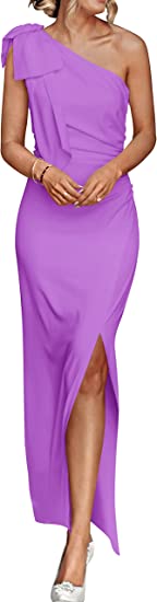 PRETTYGARDEN Women’s Summer One Shoulder Long Formal Dresses Sleeveless Ruched Bodycon Wedding Guest Slit Maxi Dress