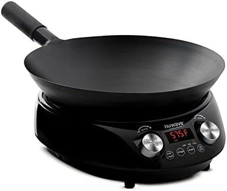 Nuwave Mosaic Induction Wok, Precise Temp Controls from 100°F to 575°F in 5°F, Wok Hei, Infuse Complex Charred Aroma & Flavor, 3 Wattages 900, 1500 & 1800, Authentic 14-inch Carbon Steel Wok Included