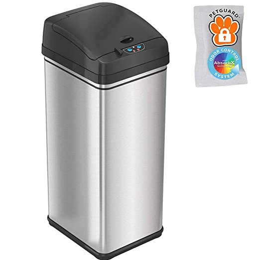 iTouchless 13 Gallon Automatic Trash Can with Odor-Absorbing Filter and Lid Lock, Power by Batteries (not included) or Optional AC Adapter (sold separately), Black / Stainless Steel