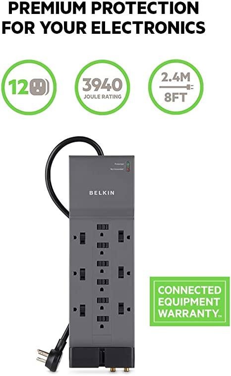 Belkin Power Strip Surge Protector – 12 AC Multiple Outlets & 8 ft Long Flat Plug Heavy Duty Extension Cord for Home, Office, Travel, Computer Desktop, Laptop & Phone Charging Brick (3,940 Joules)