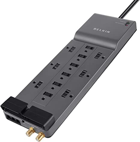 Belkin Power Strip Surge Protector – 12 AC Multiple Outlets & 8 ft Long Flat Plug Heavy Duty Extension Cord for Home, Office, Travel, Computer Desktop, Laptop & Phone Charging Brick (3,940 Joules)