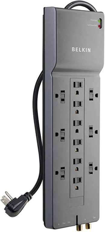 Belkin Power Strip Surge Protector – 12 AC Multiple Outlets & 8 ft Long Flat Plug Heavy Duty Extension Cord for Home, Office, Travel, Computer Desktop, Laptop & Phone Charging Brick (3,940 Joules)