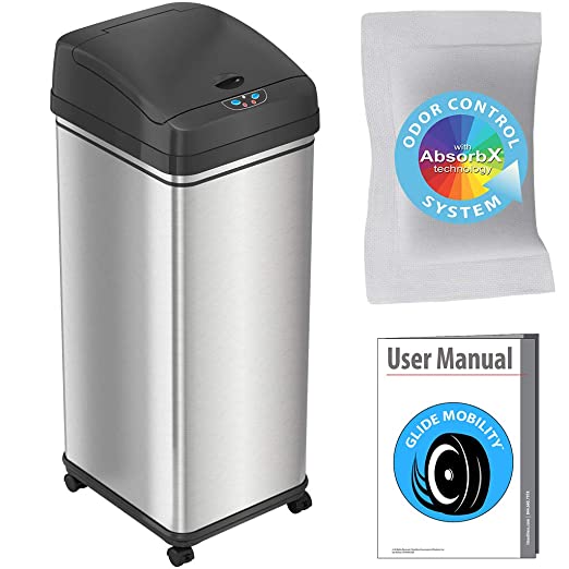 iTouchless 13 Gallon Automatic Trash Can with Odor-Absorbing Filter and Lid Lock, Power by Batteries (not included) or Optional AC Adapter (sold separately), Black / Stainless Steel