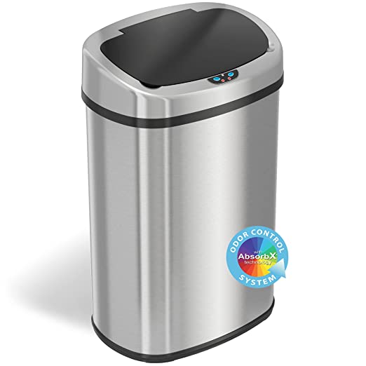 iTouchless 13 Gallon Automatic Trash Can with Odor-Absorbing Filter and Lid Lock, Power by Batteries (not included) or Optional AC Adapter (sold separately), Black / Stainless Steel