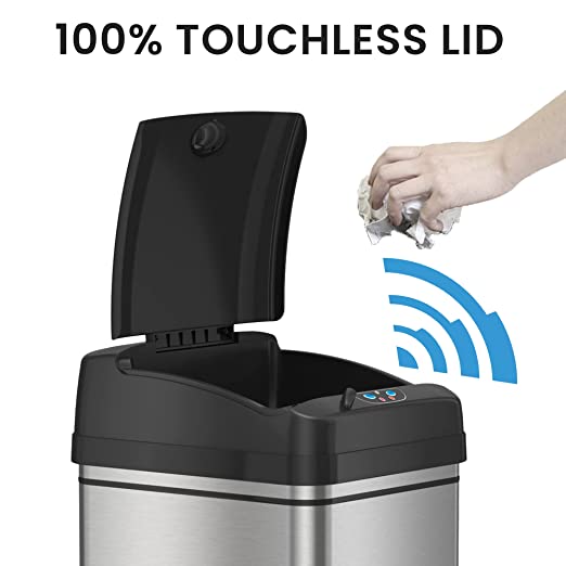 iTouchless 13 Gallon Automatic Trash Can with Odor-Absorbing Filter and Lid Lock, Power by Batteries (not included) or Optional AC Adapter (sold separately), Black / Stainless Steel