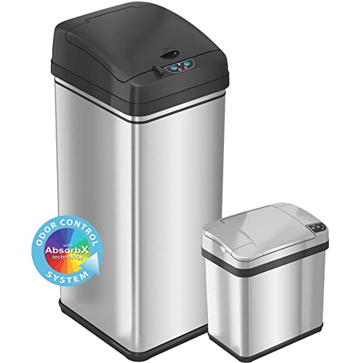 iTouchless 13 Gallon Automatic Trash Can with Odor-Absorbing Filter and Lid Lock, Power by Batteries (not included) or Optional AC Adapter (sold separately), Black / Stainless Steel