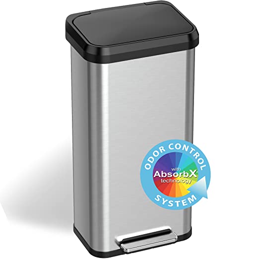 iTouchless 13 Gallon Automatic Trash Can with Odor-Absorbing Filter and Lid Lock, Power by Batteries (not included) or Optional AC Adapter (sold separately), Black / Stainless Steel