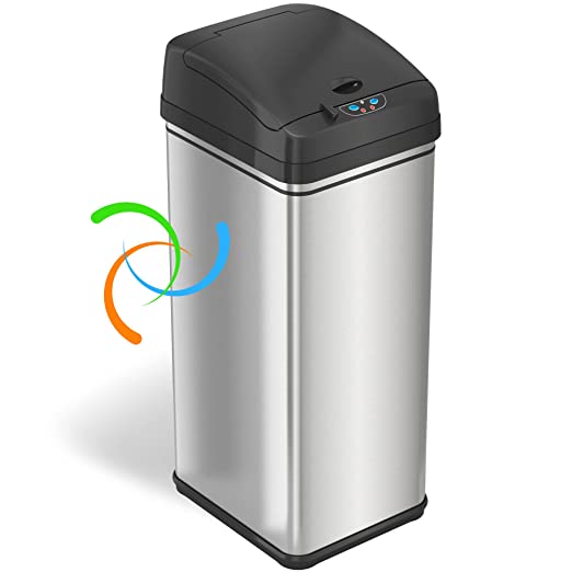 iTouchless 13 Gallon Automatic Trash Can with Odor-Absorbing Filter and Lid Lock, Power by Batteries (not included) or Optional AC Adapter (sold separately), Black / Stainless Steel