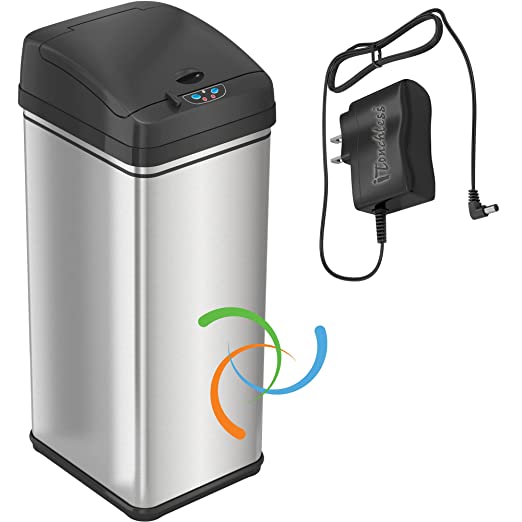 iTouchless 13 Gallon Automatic Trash Can with Odor-Absorbing Filter and Lid Lock, Power by Batteries (not included) or Optional AC Adapter (sold separately), Black / Stainless Steel