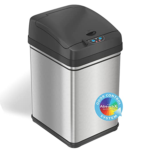 iTouchless 13 Gallon Automatic Trash Can with Odor-Absorbing Filter and Lid Lock, Power by Batteries (not included) or Optional AC Adapter (sold separately), Black / Stainless Steel