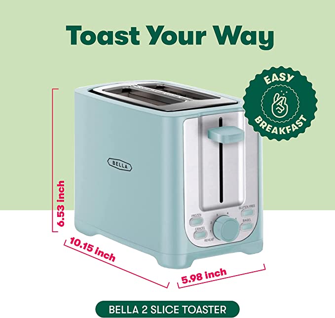 BELLA 2 Slice Toaster with Auto Shut Off – Extra Wide Slots & Removable Crumb Tray and Cancel, Defrost & Reheat Function – Toast Bread, Bagel & Waffle, Aqua