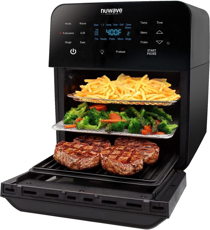 Nuwave Brio Air Fryer Smart Oven, 15.5-Qt X-Large Family Size,SS Rotisserie Basket & Skewer Kit, Reversible Ultra Non-Stick Grill Griddle Plate Included,Black