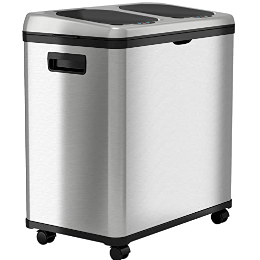 iTouchless 13 Gallon Automatic Trash Can with Odor-Absorbing Filter and Lid Lock, Power by Batteries (not included) or Optional AC Adapter (sold separately), Black / Stainless Steel