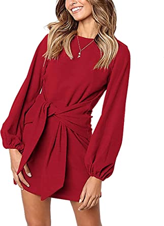 PRETTYGARDEN Women’s Elegant Long Lantern Sleeve Short Dress Crewneck Tie Waist Knit Cocktail Dress