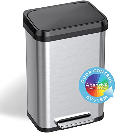 iTouchless 13 Gallon Automatic Trash Can with Odor-Absorbing Filter and Lid Lock, Power by Batteries (not included) or Optional AC Adapter (sold separately), Black / Stainless Steel