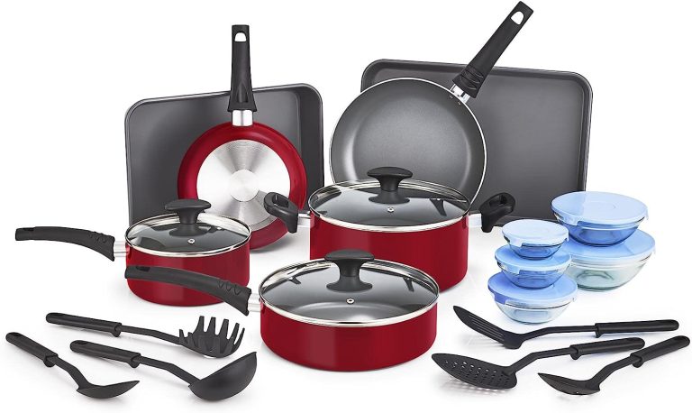 BELLA 21 Piece Cook Bake and Store Set, Kitchen Essentials for First or New Apartment, Assorted Non Stick Cookware, 9 Nylon Hassle-Free Cooking Tools, 5 Glass Storage Bowls w Lids, BPA & PFOA Free