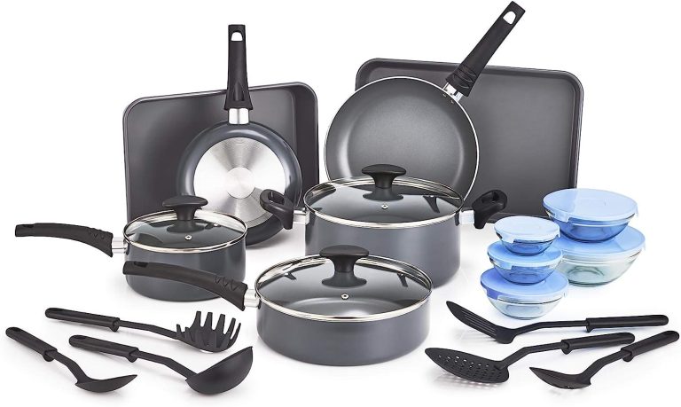 BELLA 21 Piece Cook Bake and Store Set, Kitchen Essentials for First or New Apartment, Assorted Non Stick Cookware, 9 Nylon Hassle-Free Cooking Tools, 5 Glass Storage Bowls w Lids, BPA & PFOA Free