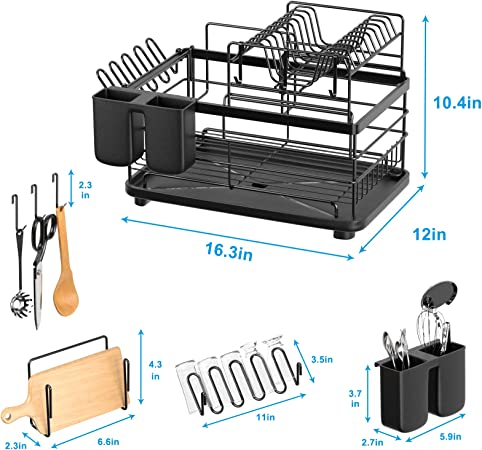 Aonee Dish Drying Rack, 2 Tier Dish Rack with Drainboard, Cutlery Holder, Cutting-Board Holder, Cup Holder and 3 Hooks, Large Dish Racks for Kitchen Counter, Rust-Proof Dish Drainer, Black