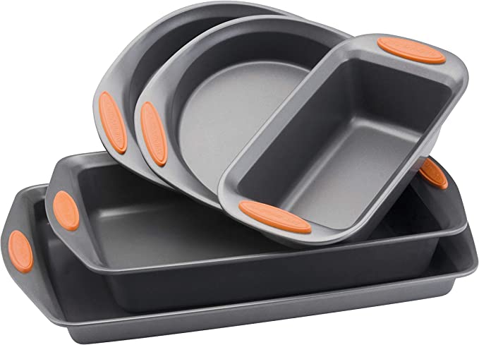 Rachael Ray 55673 Nonstick Bakeware Set with Grips includes Nonstick Bread Pan, Baking Pans and Cake Pans – 5 Piece, Gray with Orange Grips