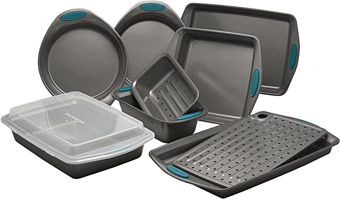 Rachael Ray 55673 Nonstick Bakeware Set with Grips includes Nonstick Bread Pan, Baking Pans and Cake Pans – 5 Piece, Gray with Orange Grips