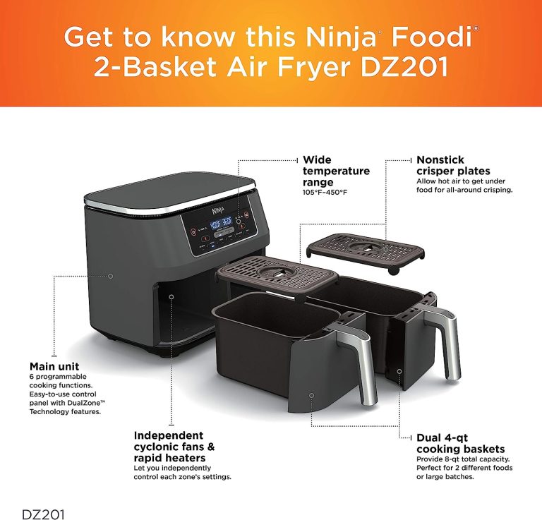 Ninja DZ201 Foodi 8 Quart 6-in-1 DualZone 2-Basket Air Fryer with 2 Independent Frying Baskets, Match Cook & Smart Finish to Roast, Broil, Dehydrate & More for Quick, Easy Meals, Grey