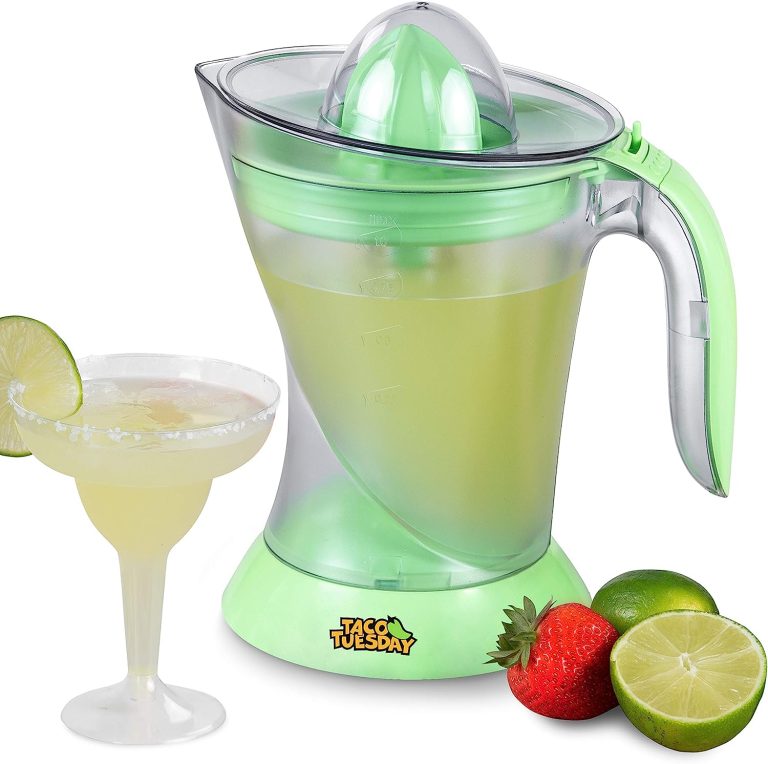 Nostalgia Taco Tuesday Electric Lime Juicer & Margarita Kit, Holds Margaritas, Daiquiris, Smoothies, Slushies, with Salt/Sugar Rimmer, Includes Four 8-Oz. Glasses, 32-Ounce, Green