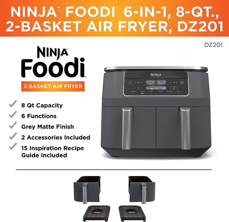 Ninja DZ201 Foodi 8 Quart 6-in-1 DualZone 2-Basket Air Fryer with 2 Independent Frying Baskets, Match Cook & Smart Finish to Roast, Broil, Dehydrate & More for Quick, Easy Meals, Grey