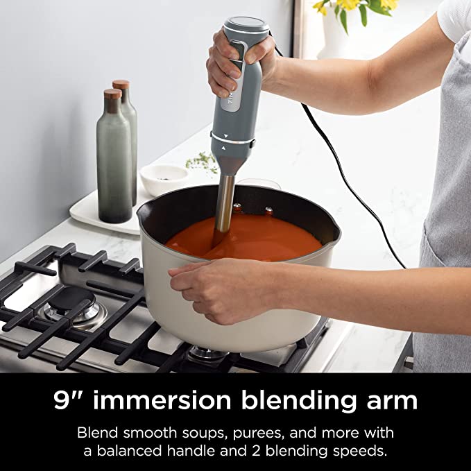 Ninja CI105BRN Foodi Power Mixer System, 750-Peak-Watt Immersion Blender and Hand Mixer, EasyGlide Beaters, Dough Hooks, 3-Cup Blending Vessel, Sea Salt Gray