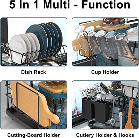 Aonee Dish Drying Rack, 2 Tier Dish Rack with Drainboard, Cutlery Holder, Cutting-Board Holder, Cup Holder and 3 Hooks, Large Dish Racks for Kitchen Counter, Rust-Proof Dish Drainer, Black