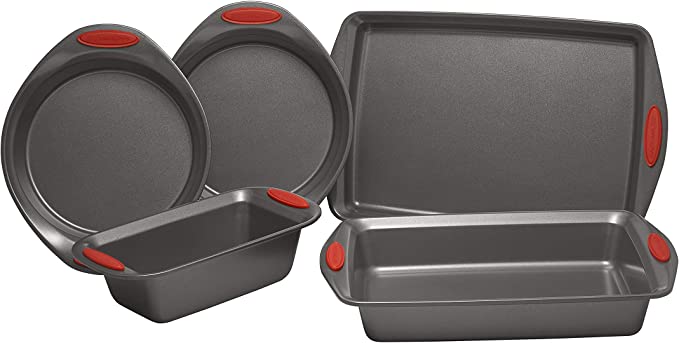 Rachael Ray 55673 Nonstick Bakeware Set with Grips includes Nonstick Bread Pan, Baking Pans and Cake Pans – 5 Piece, Gray with Orange Grips