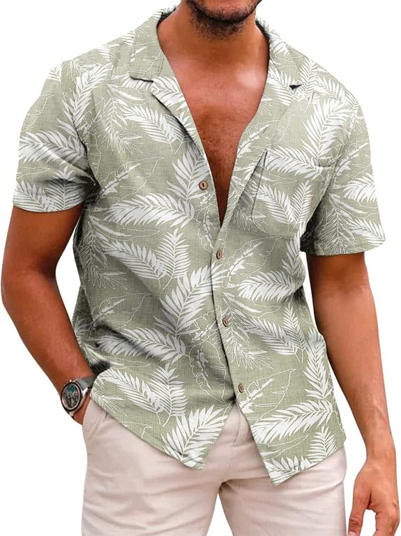 Coofandy Men’s Hawaiian Floral Shirts Cotton Linen Button Down Tropical Holiday Beach Shirts