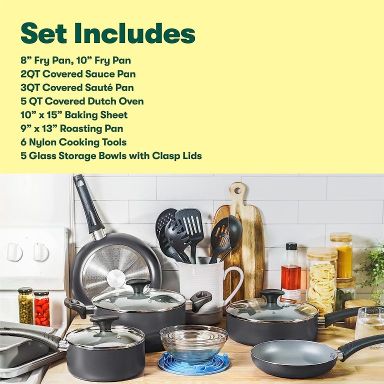 BELLA 21 Piece Cook Bake and Store Set, Kitchen Essentials for First or New Apartment, Assorted Non Stick Cookware, 9 Nylon Hassle-Free Cooking Tools, 5 Glass Storage Bowls w Lids, BPA & PFOA Free