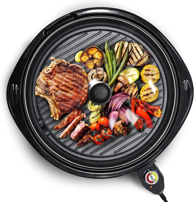 Elite Gourmet EMG1100 Electric Indoor Nonstick Grill, Dishwasher Safe, Cool Touch, Fast Heat Up Ideal Low-Fat Meals, Includes Tempered Glass Lid, 11″, Black