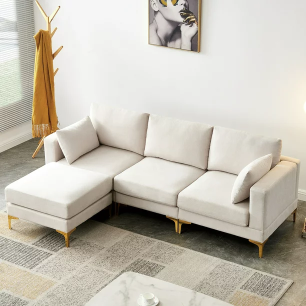 Free Combination Sectional Sofa with Movable Ottoman Footrest and Metal Legs, Convertible L-shaped Upholstered Couch Fabric Sofa with Backrest Armrest and Thicken Seats Cushion