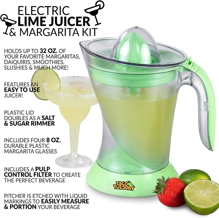 Nostalgia Taco Tuesday Electric Lime Juicer & Margarita Kit, Holds Margaritas, Daiquiris, Smoothies, Slushies, with Salt/Sugar Rimmer, Includes Four 8-Oz. Glasses, 32-Ounce, Green