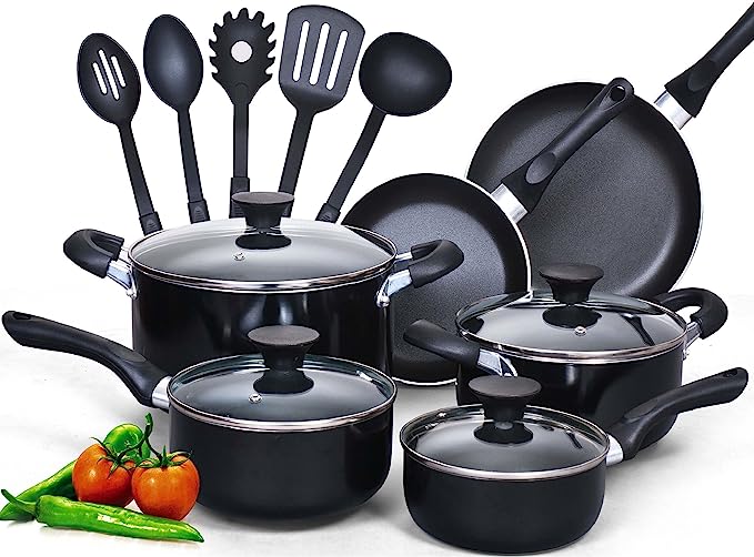 Cook N Home 15-Piece Nonstick Stay Cool Handle Cookware Set, Black