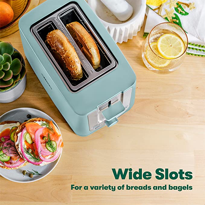 BELLA 2 Slice Toaster with Auto Shut Off – Extra Wide Slots & Removable Crumb Tray and Cancel, Defrost & Reheat Function – Toast Bread, Bagel & Waffle, Aqua