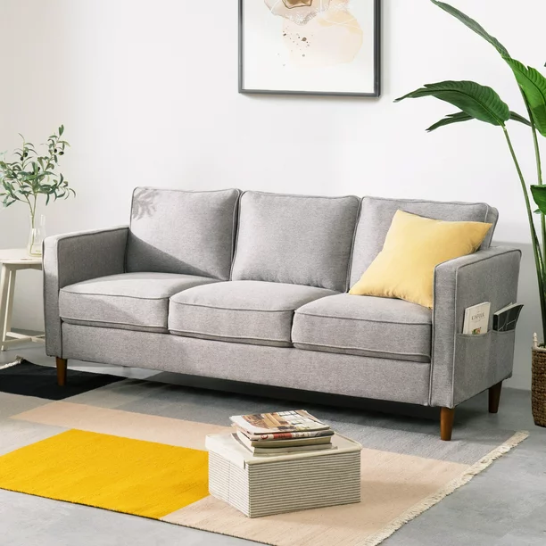 Mellow Hana Modern Upholstered Linen Fabric Sofa with Armrest Pockets