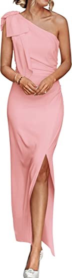 PRETTYGARDEN Women’s Summer One Shoulder Long Formal Dresses Sleeveless Ruched Bodycon Wedding Guest Slit Maxi Dress