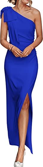 PRETTYGARDEN Women’s Summer One Shoulder Long Formal Dresses Sleeveless Ruched Bodycon Wedding Guest Slit Maxi Dress