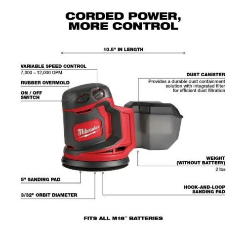 New Milwaukee 2648-20 M18 Random Orbit Sander (Round) w/Accessories -ShipFast