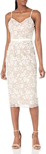 Dress the Population Women’s Emma V Neck Embroidered Sleeveless Belted Midi Dress