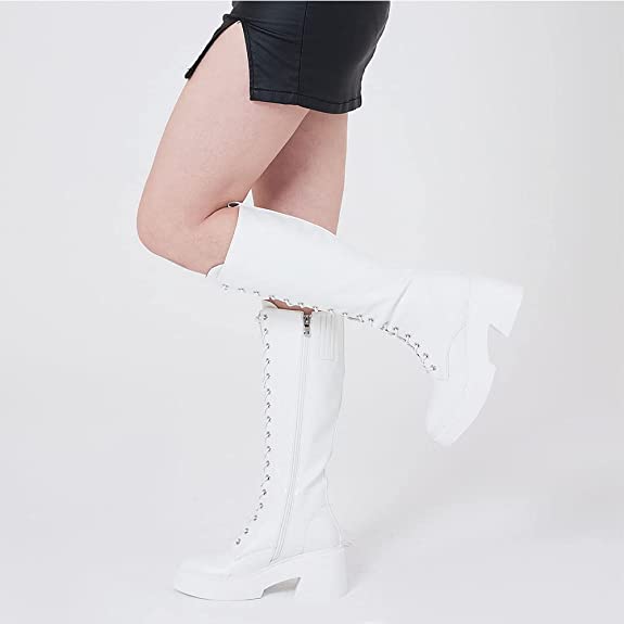 Lovee Cosee White Platform Boots for Women Lace up Chunky Heel Knee High Boots Combat Motorcycle Boots