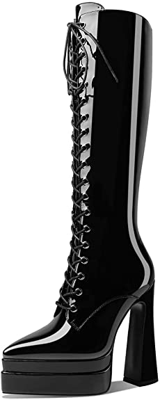 Artrotter Women’s Platform Knee High Boots Stiletto Lace Up High Heels Pointy Toe Chunky Heel Fashion Boots Zipper Design