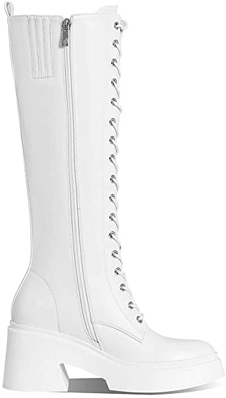 Lovee Cosee White Platform Boots for Women Lace up Chunky Heel Knee High Boots Combat Motorcycle Boots