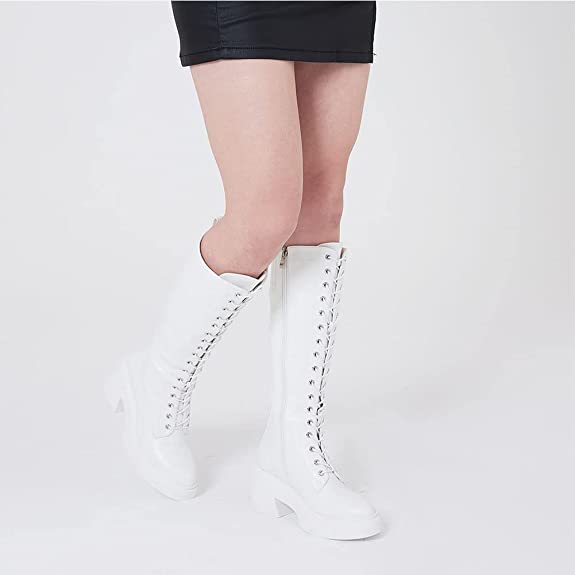 Lovee Cosee White Platform Boots for Women Lace up Chunky Heel Knee High Boots Combat Motorcycle Boots