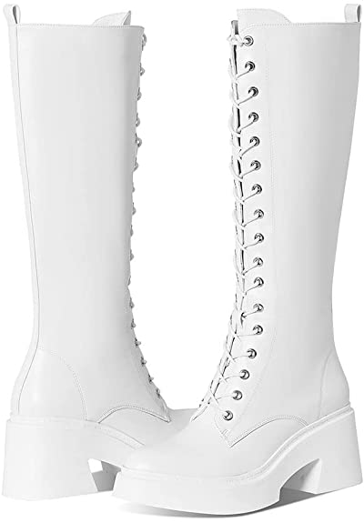 Lovee Cosee White Platform Boots for Women Lace up Chunky Heel Knee High Boots Combat Motorcycle Boots