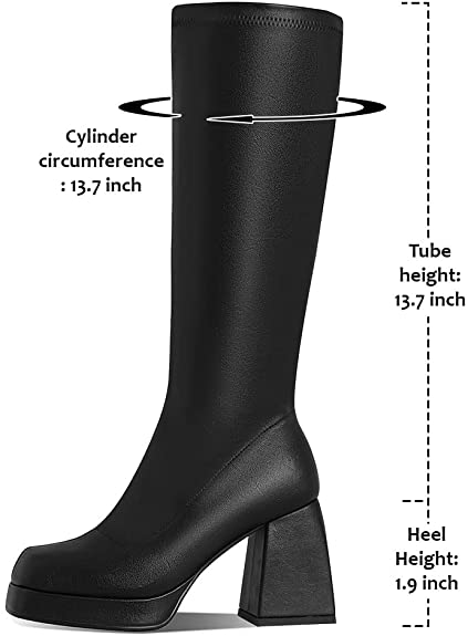 Kalstage Knee High Boots for Women Square Toe Chunky High Heels Leather Strtetch GoGo Boots Side Zipper Mid Calf Boots Platform Boots