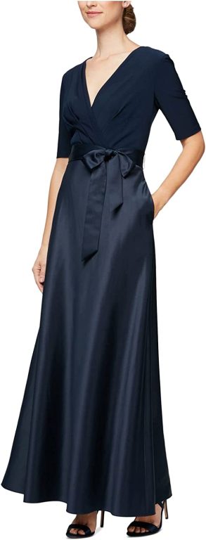 Alex Evenings Women’s Satin Ballgown Dress with Pockets (Petite and Regular Sizes)