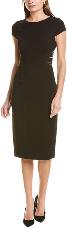 HALSTON Women’s Short Sleeve Heavy Crepe Slim Fit Cocktail Dress with Back Strip Applique Detail